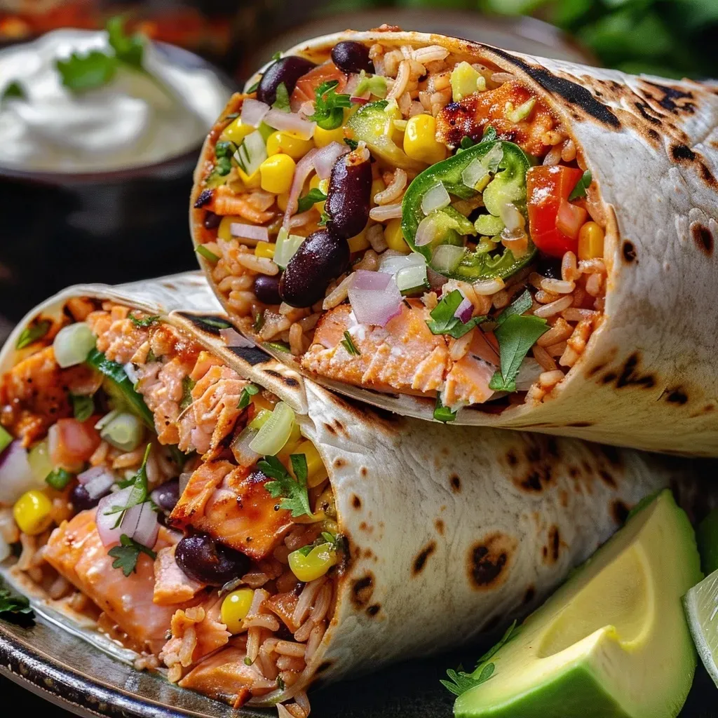 Close-up view of a grilled salmon burrito filled with vibrant ingredients.