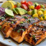 ['Close-up view of grilled salmon fillets with vibrant marinade ingredients.', 'Juicy grilled salmon garnished with fresh herbs and colorful vegetables.', 'Side view of a succulent salmon filet, showcasing its juicy texture and marinade.', 'Tantalizing grilled salmon decorated with diced pineapple and red onion.']