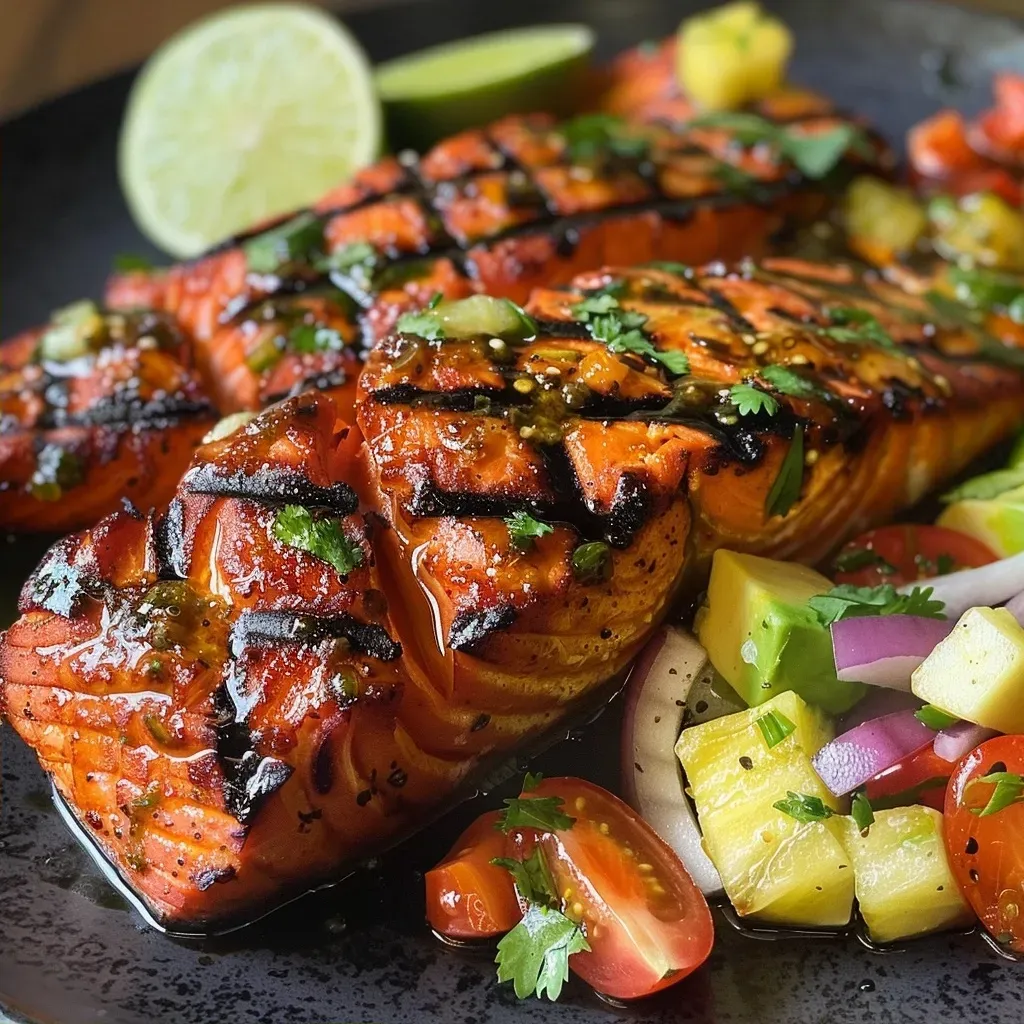 ['Close-up view of grilled salmon fillets with vibrant marinade ingredients.', 'Juicy grilled salmon garnished with fresh herbs and colorful vegetables.', 'Side view of a succulent salmon filet, showcasing its juicy texture and marinade.', 'Tantalizing grilled salmon decorated with diced pineapple and red onion.']