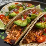 ['Juicy grilled salmon tacos topped with fresh avocado salsa, garnished with lime wedges.', 'Close-up view of grilled salmon tacos layered with diced avocados and colorful toppings.', 'Side view of a vibrant plate of grilled salmon tacos with avocado salsa and lime slices.', 'A delicious presentation of grilled salmon tacos featuring avocado, tomatoes, and cilantro.']