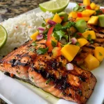 ['Juicy grilled salmon fillet topped with vibrant mango salsa, served on a bed of fluffy coconut rice.', 'Close-up of grilled salmon garnished with diced mango, red bell pepper, and cilantro alongside coconut rice.', 'Side view of a perfectly cooked salmon fillet with colorful mango salsa and creamy coconut rice.', 'Freshly grilled salmon with a mango salad and coconut rice, displayed enticingly on a plate.']