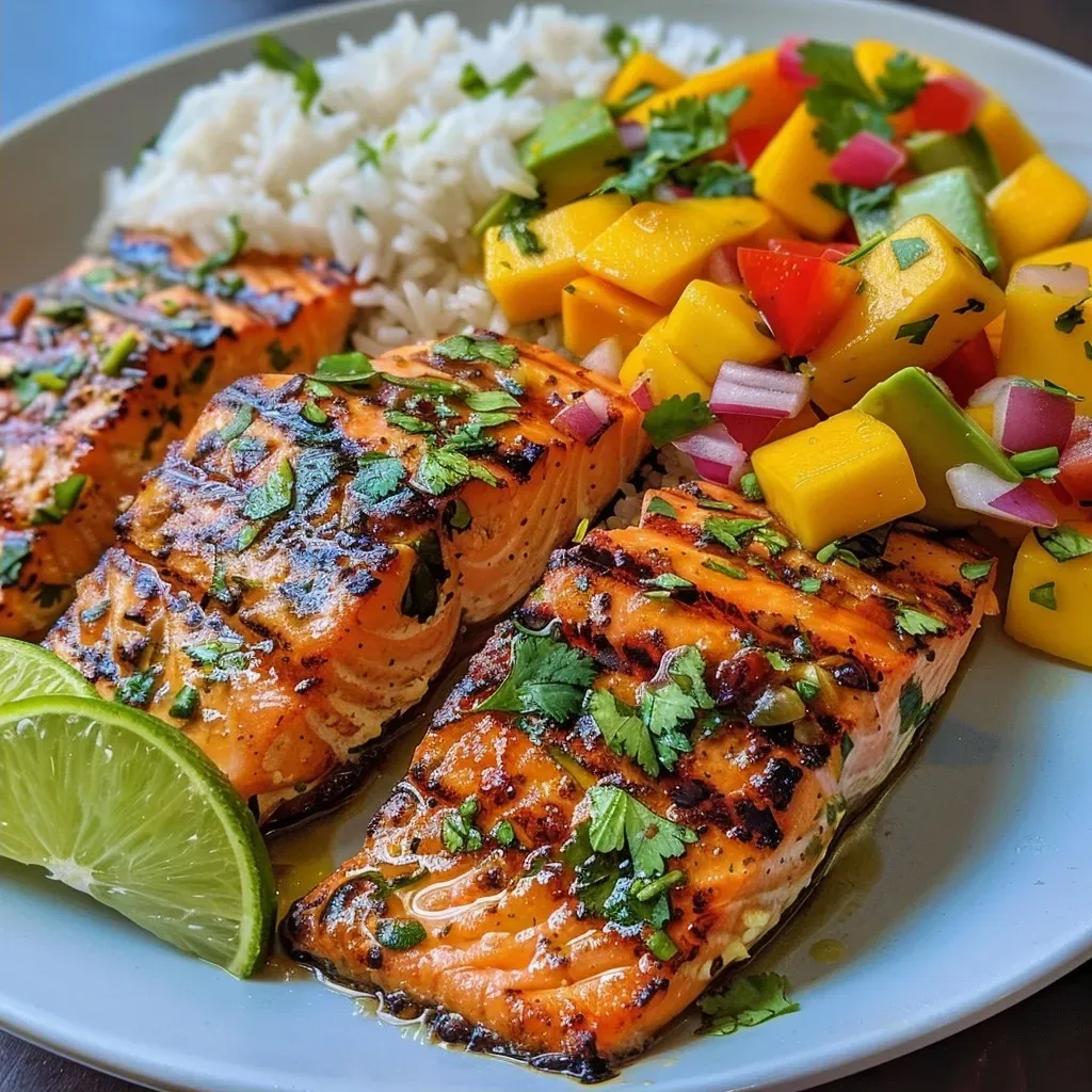Juicy grilled salmon fillet topped with vibrant mango salsa, served on a bed of fluffy coconut rice.