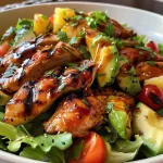 ['Close-up of a colorful grilled teriyaki chicken salad with sliced avocado and cherry tomatoes.', 'Side view of a grilled teriyaki chicken salad featuring vibrant greens and juicy pineapple.', 'Bowl of grilled teriyaki chicken salad adorned with fresh cilantro and chopped lettuce.', 'Detailed shot of grilled chicken slices on a bed of romaine lettuce, topped with avocados.']