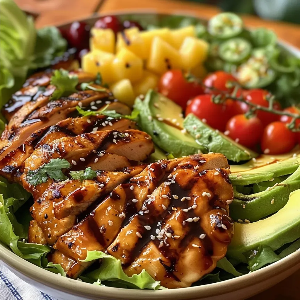 ['Close-up of a colorful grilled teriyaki chicken salad with sliced avocado and cherry tomatoes.', 'Side view of a grilled teriyaki chicken salad featuring vibrant greens and juicy pineapple.', 'Bowl of grilled teriyaki chicken salad adorned with fresh cilantro and chopped lettuce.', 'Detailed shot of grilled chicken slices on a bed of romaine lettuce, topped with avocados.']