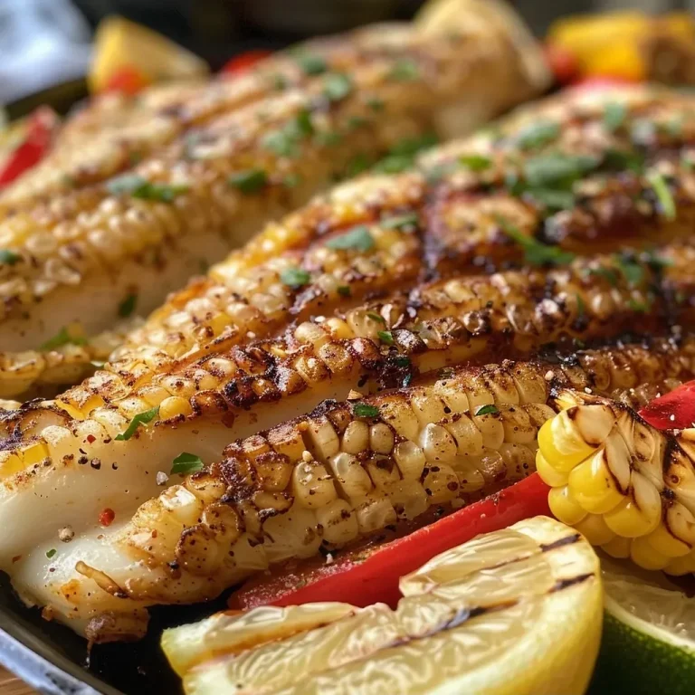 ['Grilled tilapia fillets served with corn, onions, and bell peppers on a plate.', 'Close-up of juicy grilled tilapia with vibrant vegetables and lemon wedges.', 'Delicious grilled tilapia alongside colorful corn and red bell peppers.', 'A plate of savory grilled tilapia garnished with fresh vegetables and lemon.']