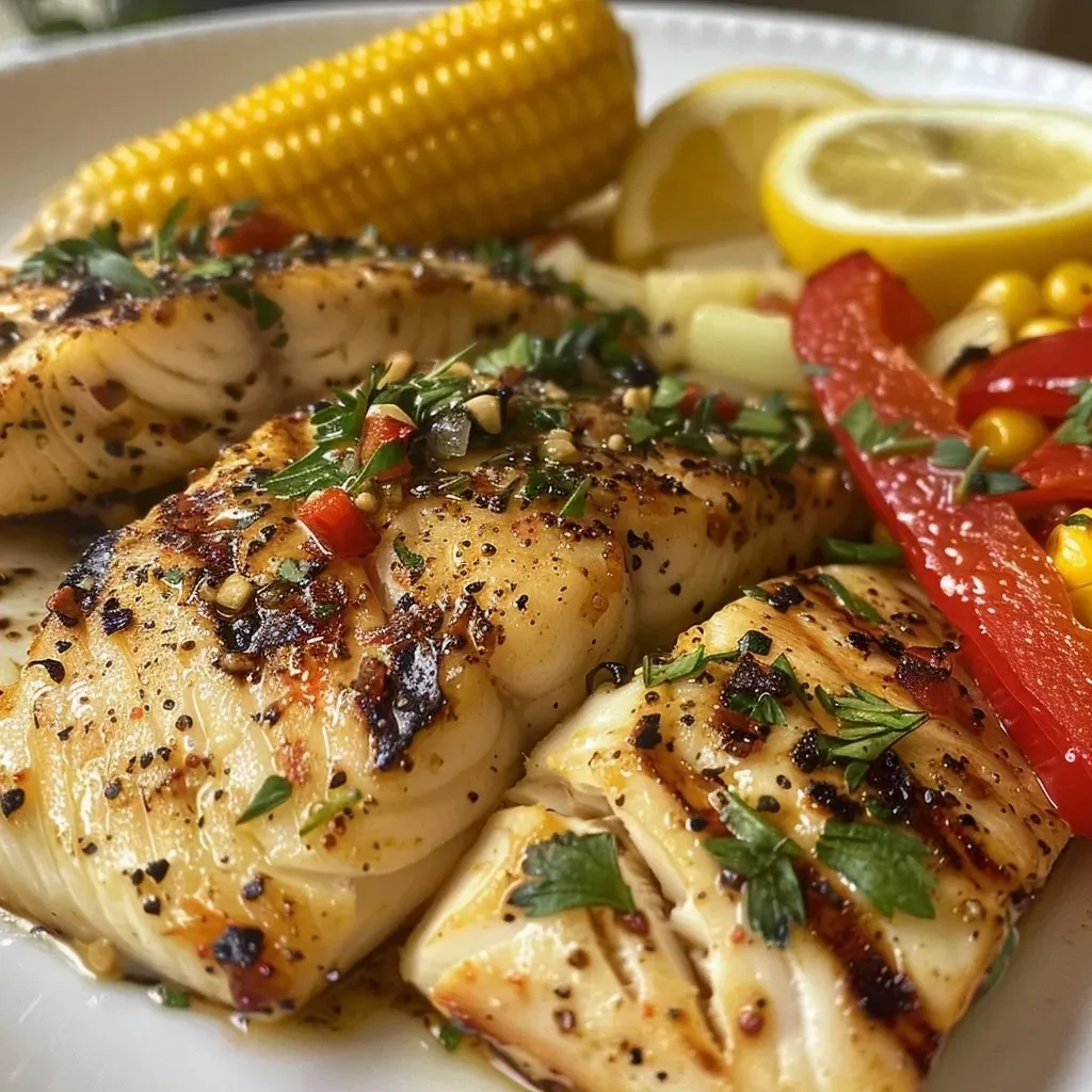 ['Grilled tilapia fillets served with corn, onions, and bell peppers on a plate.', 'Close-up of juicy grilled tilapia with vibrant vegetables and lemon wedges.', 'Delicious grilled tilapia alongside colorful corn and red bell peppers.', 'A plate of savory grilled tilapia garnished with fresh vegetables and lemon.']