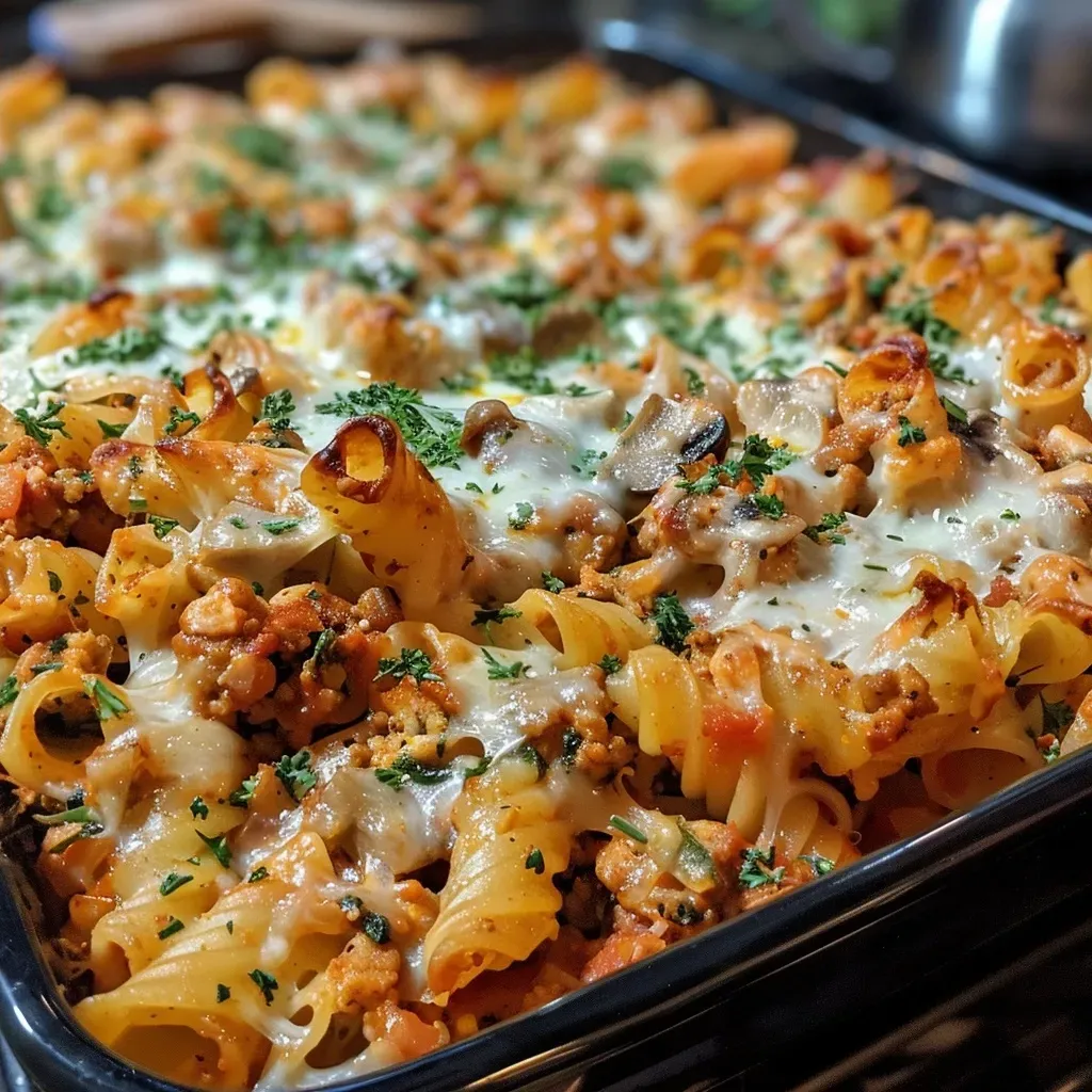 ['Close-up view of a delicious ground turkey pasta bake with melted cheese on top.', 'Side view of a hearty ground turkey pasta bake, showcasing pasta and ingredients.', 'Juicy ground turkey pasta bake in a dish, featuring layers of cheese and vegetables.', 'Close-up image of a baked pasta dish with ground turkey, herbs, and mozzarella.']