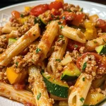 ['A close-up view of ground turkey pasta with tomato garlic sauce, showcasing vibrant vegetables.', 'Juicy ground turkey pasta dish topped with tomato garlic sauce, captured from the side.', 'Side view of a delicious bowl of pasta featuring ground turkey and fresh vegetables in sauce.', 'Close-up of a savory ground turkey pasta dish with zucchini and bell peppers, garnished with sauce.']