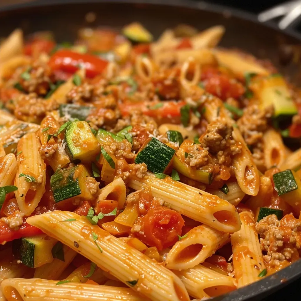A close-up view of ground turkey pasta with tomato garlic sauce, showcasing vibrant vegetables.