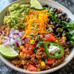 ['Juicy ground turkey rice bowl with vibrant toppings and ingredients, viewed from the side.', 'Close-up shot of a ground turkey rice bowl featuring fresh garnishes and a variety of colorful ingredients.', 'Side view of a well-prepared ground turkey rice bowl showcasing its hearty ingredients and toppings.', 'Detailed image of a delicious ground turkey rice bowl, highlighting its texture and colorful components.']