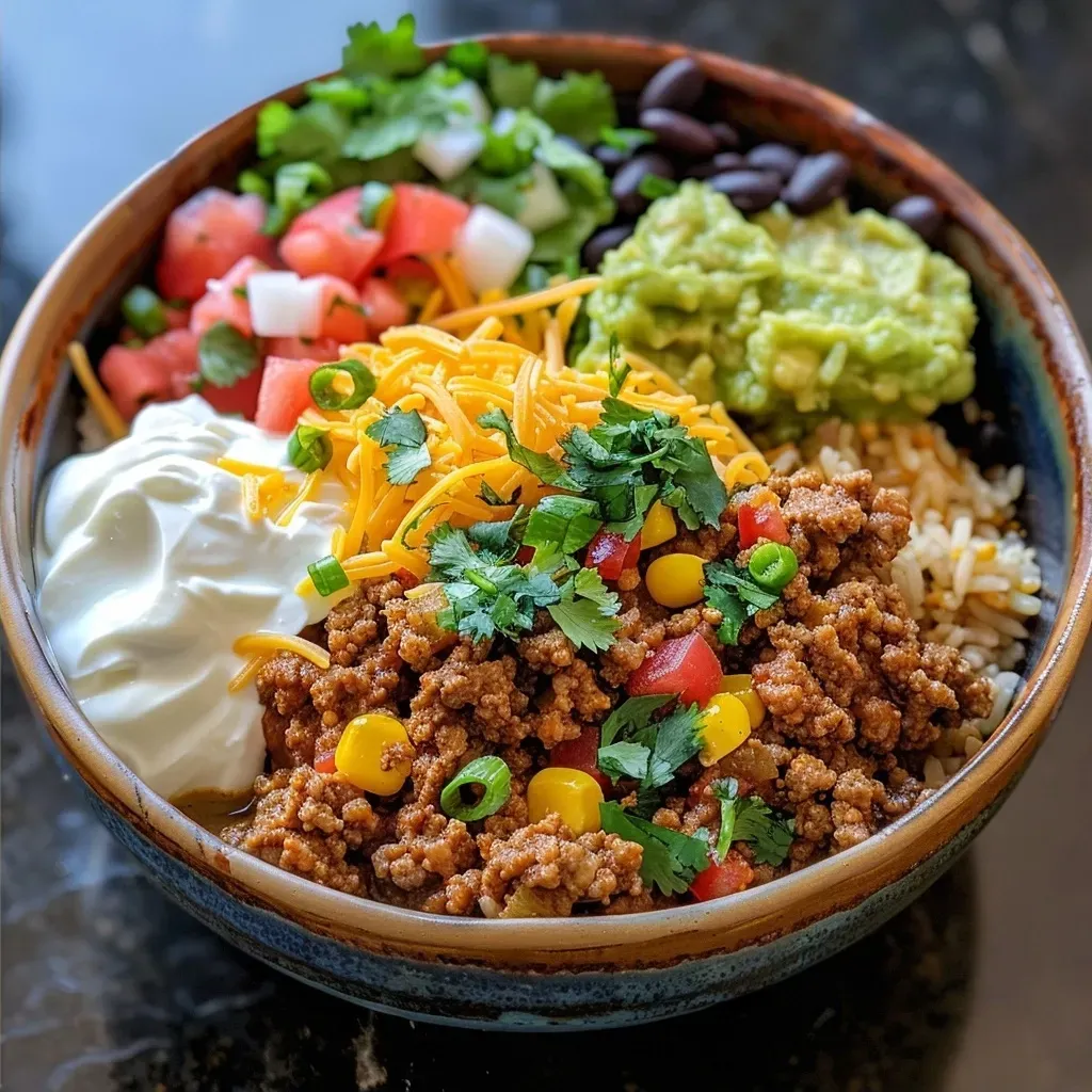 Juicy ground turkey rice bowl with vibrant toppings and ingredients, viewed from the side.