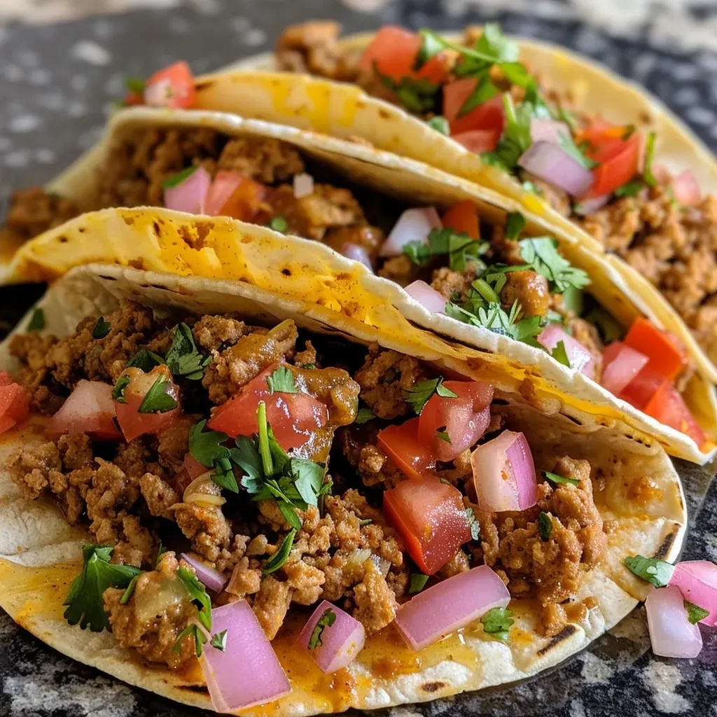 Close-up view of juicy ground turkey tacos with various toppings on a wooden surface.