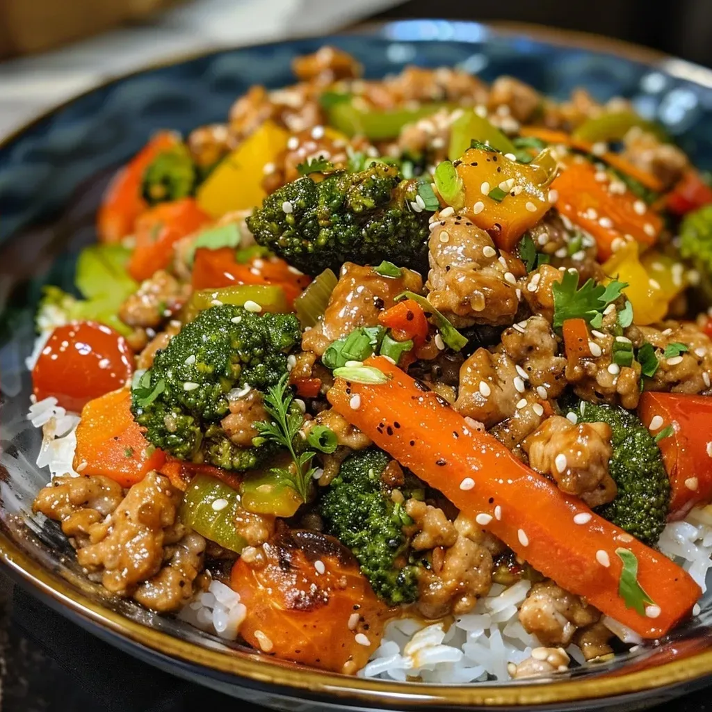 ['A close-up side view of a colorful ground turkey teriyaki stir fry served in a bowl.', 'Juicy ground turkey stir fry with vibrant vegetables and teriyaki sauce, shot from the side.', 'A detailed image of ground turkey teriyaki stir fry, showcasing vegetables and sauce in a bowl.', 'A mouthwatering close-up of ground turkey teriyaki stir fry featuring fresh herbs and colorful veggies.']