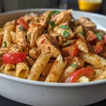 ['Close-up view of a creamy Cajun chicken pasta dish with colorful bell peppers.', 'Thick penne pasta coated in a spicy Cajun sauce with succulent chicken strips.', 'Delicious Cajun chicken pasta garnished with chopped parsley and a lemon wedge.', 'Juicy Cajun chicken over pasta, featuring vivid red and yellow bell peppers.']