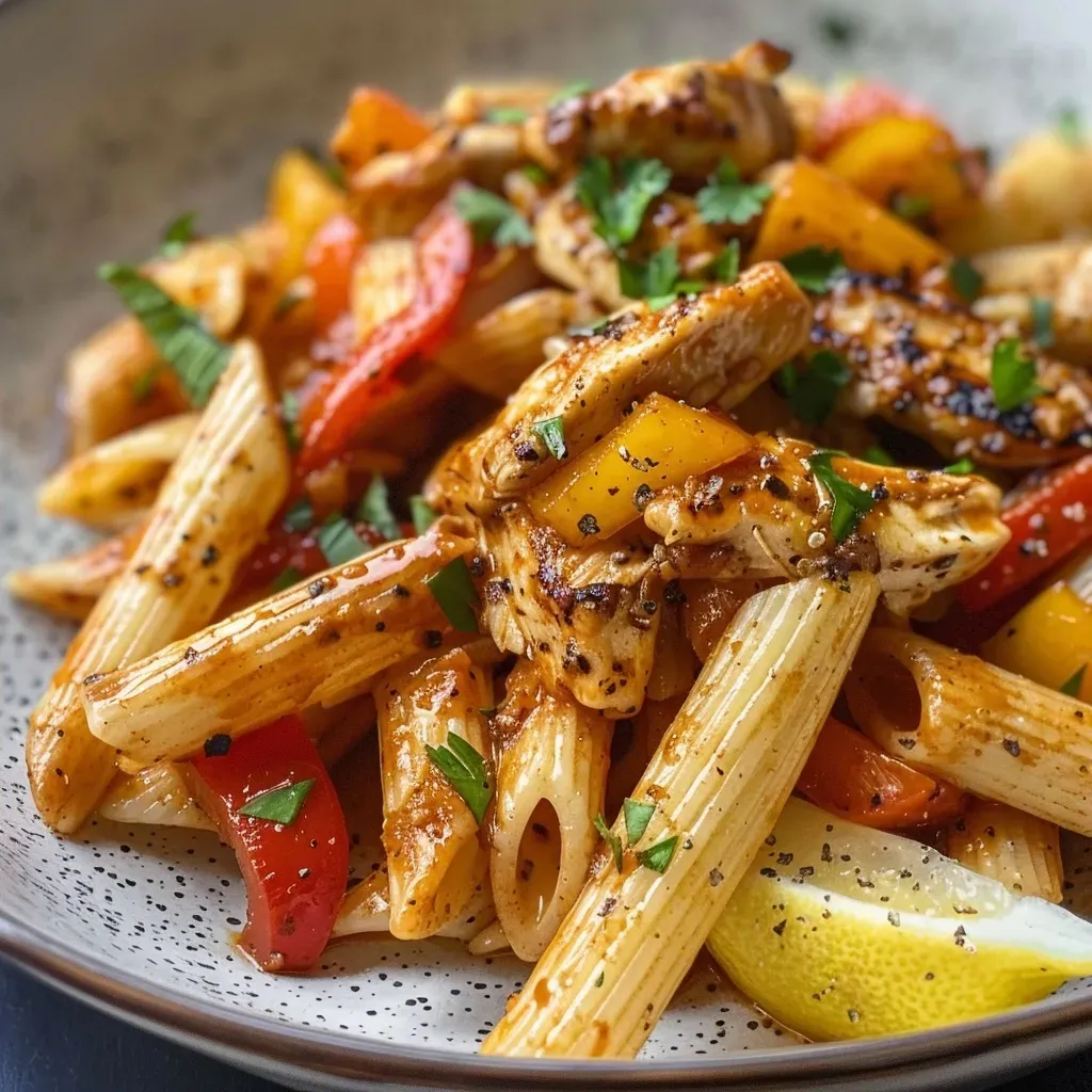 ['Close-up view of a creamy Cajun chicken pasta dish with colorful bell peppers.', 'Thick penne pasta coated in a spicy Cajun sauce with succulent chicken strips.', 'Delicious Cajun chicken pasta garnished with chopped parsley and a lemon wedge.', 'Juicy Cajun chicken over pasta, featuring vivid red and yellow bell peppers.']