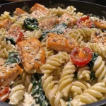 ['Close-up view of creamy Tuscan salmon pasta with spinach and tomatoes.', 'Side angle shot of a bowl filled with healthy salmon pasta garnished with herbs.', 'Vibrant plate of Tuscan salmon pasta showcasing salmon fillets and cherry tomatoes.', 'Deliciously creamy pasta dish featuring salmon, sun-dried tomatoes, and fresh greens.']
