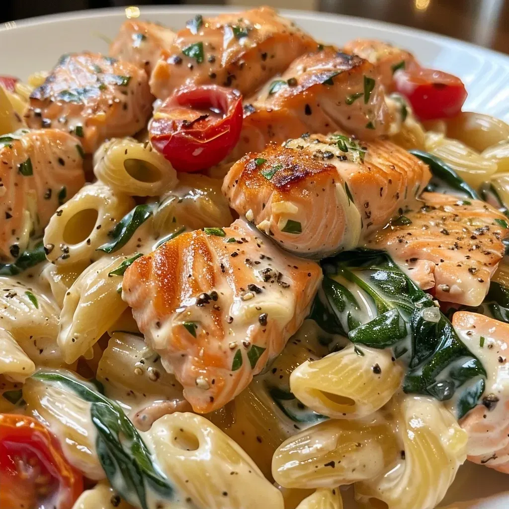 Close-up view of creamy Tuscan salmon pasta with spinach and tomatoes.