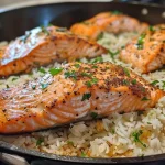['Close-up view of a plate of Healthy One Pot Salmon and Rice, showcasing juicy salmon on fluffy rice.', 'Side view of a vibrant dish featuring salmon fillets and rice, garnished with fresh herbs.', 'A colorful one-pot meal of salmon and rice, highlighting the ingredients and texture.', 'Juicy salmon resting on a bed of rice, with visible herbs and bright lemon zest.']
