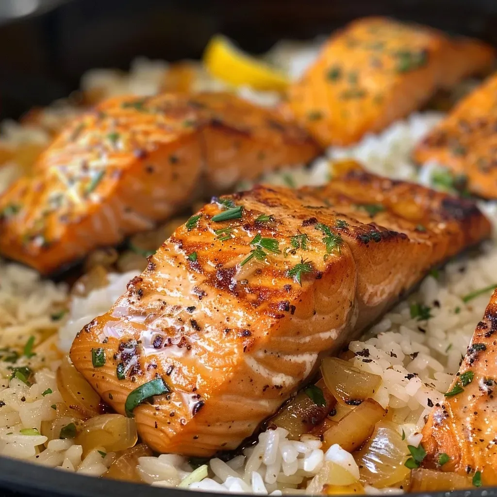 ['Close-up view of a plate of Healthy One Pot Salmon and Rice, showcasing juicy salmon on fluffy rice.', 'Side view of a vibrant dish featuring salmon fillets and rice, garnished with fresh herbs.', 'A colorful one-pot meal of salmon and rice, highlighting the ingredients and texture.', 'Juicy salmon resting on a bed of rice, with visible herbs and bright lemon zest.']