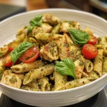 ['Close-up view of a bowl of vibrant High Protein Chicken Pesto Pasta with colorful ingredients.', 'Side view of a plate filled with High Protein Chicken Pesto Pasta, showcasing juicy chicken and fresh vegetables.', 'Detailed image of a fork twirling High Protein Chicken Pesto Pasta, with a prominent chicken piece and pesto sauce.', 'Mouthwatering close-up of High Protein Chicken Pesto Pasta, featuring basil pesto and cherry tomatoes.']