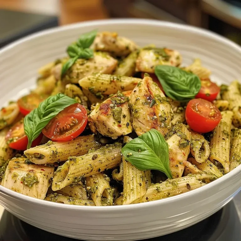 ['Close-up view of a bowl of vibrant High Protein Chicken Pesto Pasta with colorful ingredients.', 'Side view of a plate filled with High Protein Chicken Pesto Pasta, showcasing juicy chicken and fresh vegetables.', 'Detailed image of a fork twirling High Protein Chicken Pesto Pasta, with a prominent chicken piece and pesto sauce.', 'Mouthwatering close-up of High Protein Chicken Pesto Pasta, featuring basil pesto and cherry tomatoes.']