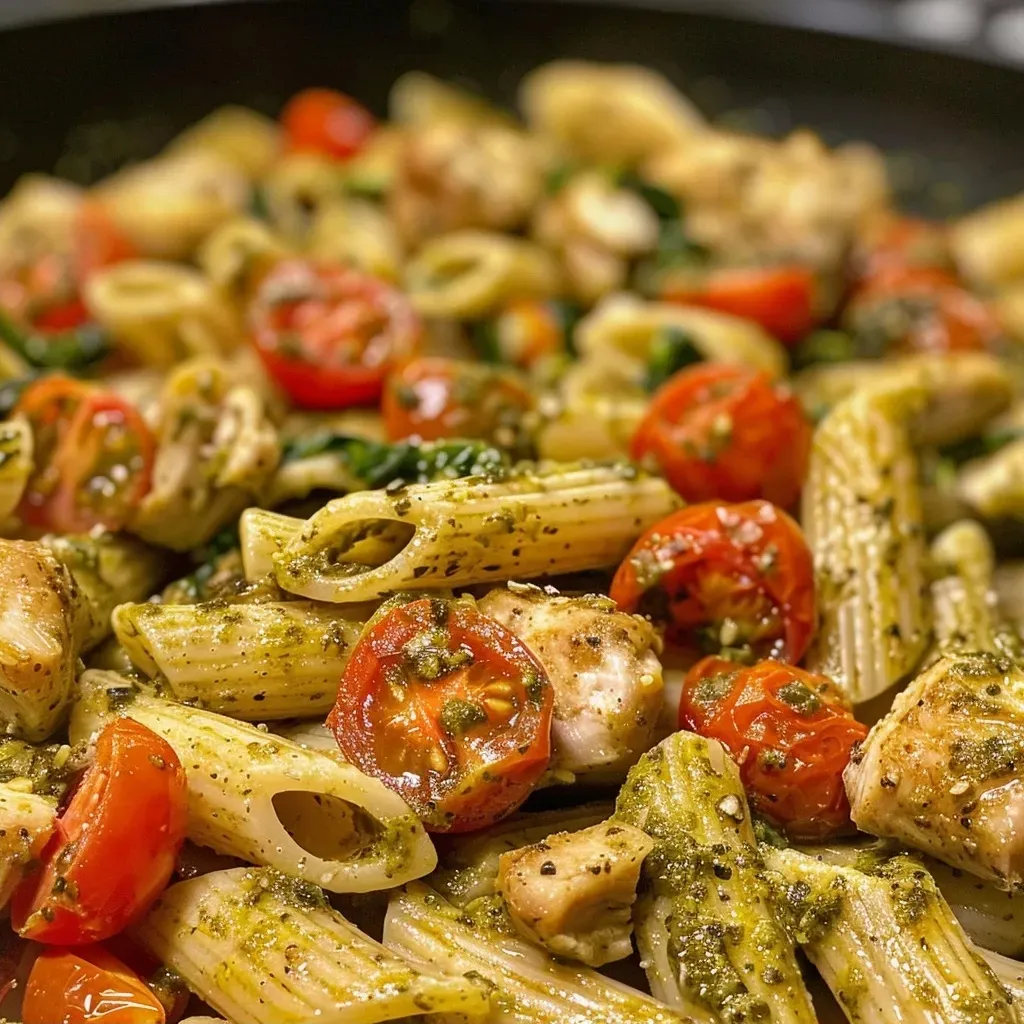 Close-up view of a bowl of vibrant High Protein Chicken Pesto Pasta with colorful ingredients.