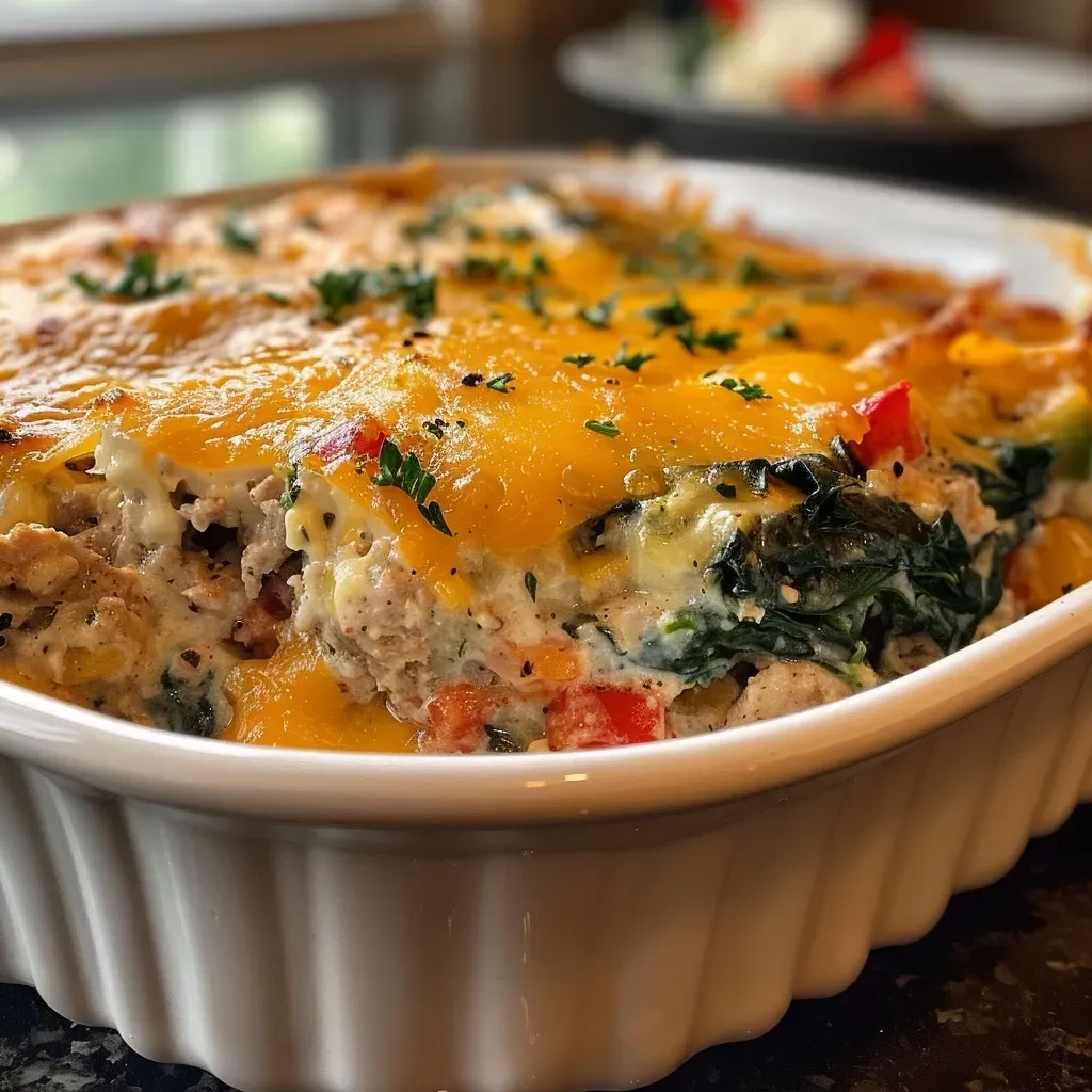['Close-up view of a high protein ground turkey casserole with melted cheese on top.', 'Side angle photo of a juicy high protein ground turkey casserole garnished with fresh spinach.', 'Delicious high protein ground turkey casserole featuring layers of cheese and colorful ingredients.', 'A tempting ground turkey casserole showcasing ground meat and creamy cheese blend.']