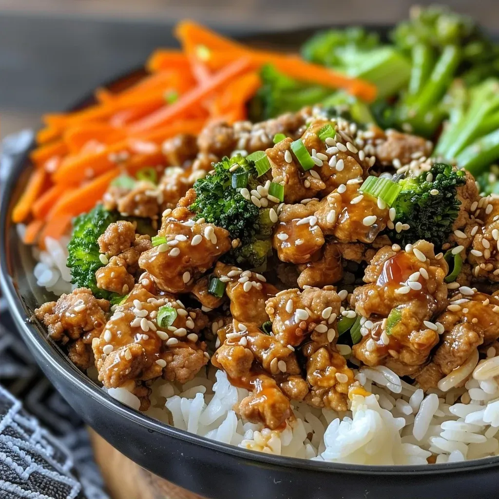['Close-up view of juicy ground turkey teriyaki with colorful vegetables.', 'Side view of a plate featuring high-protein ground turkey teriyaki and fresh broccoli.', 'Detailed image of ground turkey teriyaki garnished with carrots and broccoli.', 'Delicious close-up of ground turkey teriyaki dish showcasing vibrant veggies.']
