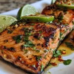['Close-up of baked honey cilantro lime salmon fillet with herbs and lime slices.', 'Juicy salmon fillet drizzled with honey and garnished with cilantro and lime.', 'Side view of vibrant salmon topped with melted butter and fresh ingredients.', 'Succulent salmon in foil, featuring bright cilantro and lime decorations.']