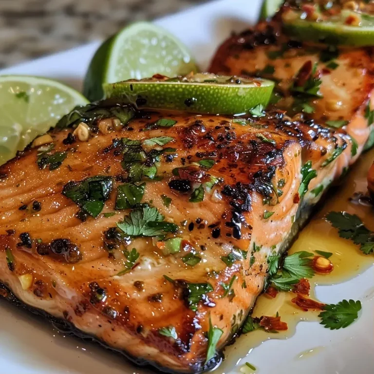 ['Close-up of baked honey cilantro lime salmon fillet with herbs and lime slices.', 'Juicy salmon fillet drizzled with honey and garnished with cilantro and lime.', 'Side view of vibrant salmon topped with melted butter and fresh ingredients.', 'Succulent salmon in foil, featuring bright cilantro and lime decorations.']