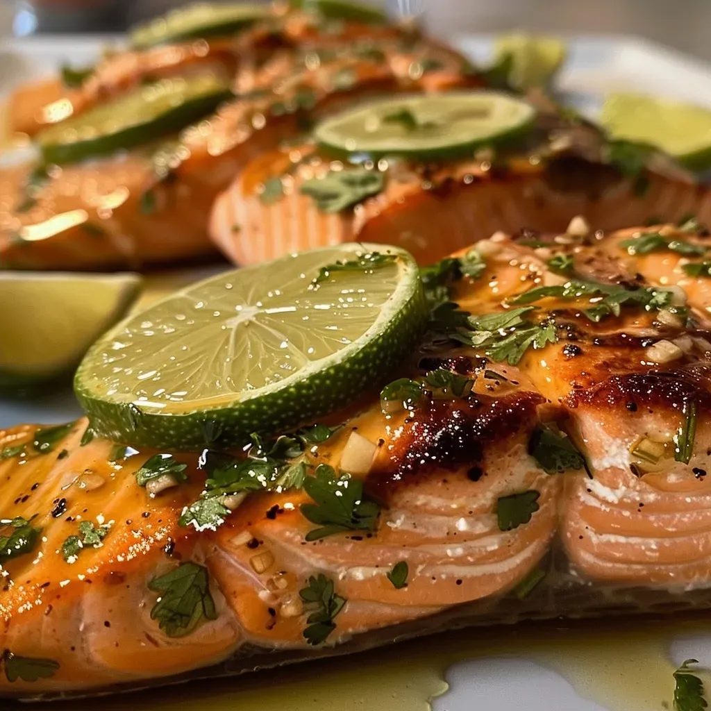 ['Close-up of baked honey cilantro lime salmon fillet with herbs and lime slices.', 'Juicy salmon fillet drizzled with honey and garnished with cilantro and lime.', 'Side view of vibrant salmon topped with melted butter and fresh ingredients.', 'Succulent salmon in foil, featuring bright cilantro and lime decorations.']