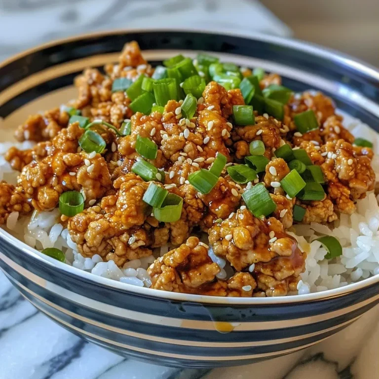 ['Close-up of juicy Honey Garlic Ground Turkey garnished with green onions, showcasing a rich glaze.', 'Side view of a bowl of Honey Garlic Ground Turkey, highlighting the golden-brown color and fresh garlic pieces.', 'Detailed shot of Honey Garlic Ground Turkey, featuring a sticky sauce and vibrant green onion tops.', 'Tantalizing Honey Garlic Ground Turkey served in a dish, emphasizing the glossy texture and appetizing appearance.']