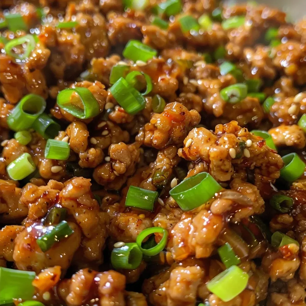 ['Close-up of juicy Honey Garlic Ground Turkey garnished with green onions, showcasing a rich glaze.', 'Side view of a bowl of Honey Garlic Ground Turkey, highlighting the golden-brown color and fresh garlic pieces.', 'Detailed shot of Honey Garlic Ground Turkey, featuring a sticky sauce and vibrant green onion tops.', 'Tantalizing Honey Garlic Ground Turkey served in a dish, emphasizing the glossy texture and appetizing appearance.']