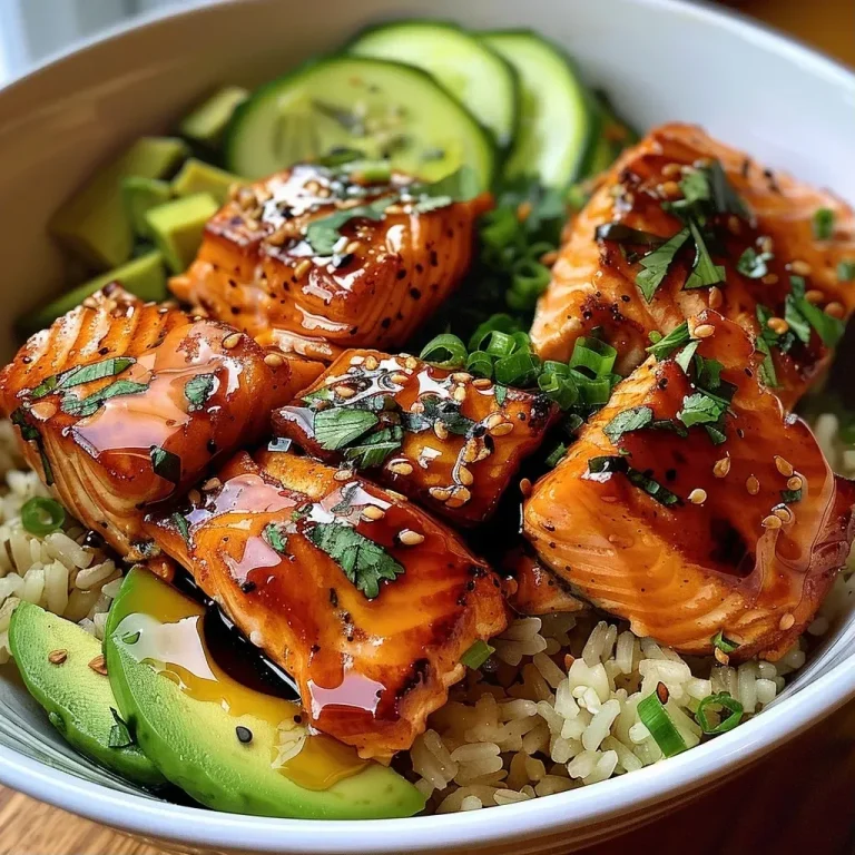 ['Close-up view of honey glazed salmon rice bowl with diced avocado and cucumber.', 'Side angle of a delicious honey glazed salmon bowl featuring fresh ingredients.', 'Juicy honey glazed salmon served over brown rice with garnishes of avocado and cilantro.', 'Colorful rice bowl with salmon, honey glaze, avocado, and cucumber, presented appetizingly.']
