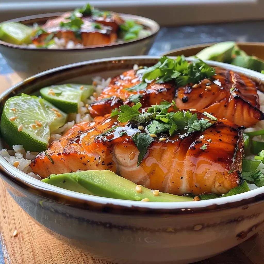 ['Close-up view of honey glazed salmon rice bowl with diced avocado and cucumber.', 'Side angle of a delicious honey glazed salmon bowl featuring fresh ingredients.', 'Juicy honey glazed salmon served over brown rice with garnishes of avocado and cilantro.', 'Colorful rice bowl with salmon, honey glaze, avocado, and cucumber, presented appetizingly.']