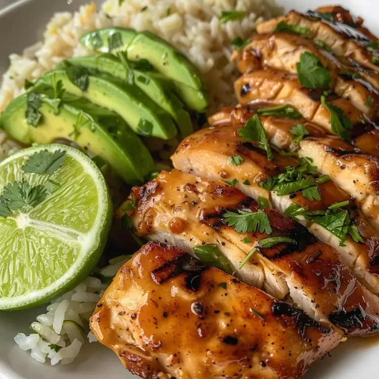['Close-up view of glazed Honey Lime Chicken served with Avocado Rice.', 'Juicy Honey Lime Chicken alongside vibrant green Avocado Rice.', 'Side view of Honey Lime Chicken garnished with cilantro next to creamy Avocado Rice.', 'Plate featuring tender Honey Lime Chicken and fluffy Avocado Rice with a lime wedge.']