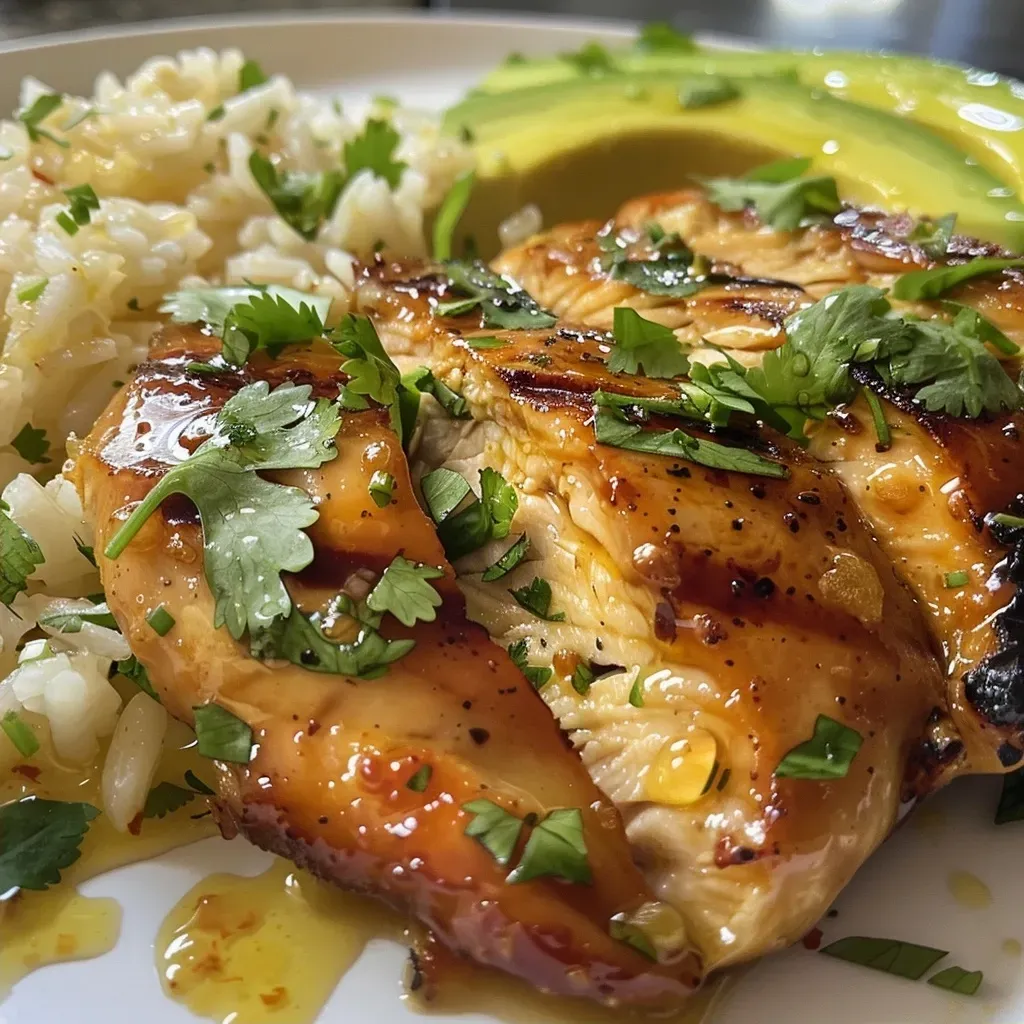 ['Close-up view of glazed Honey Lime Chicken served with Avocado Rice.', 'Juicy Honey Lime Chicken alongside vibrant green Avocado Rice.', 'Side view of Honey Lime Chicken garnished with cilantro next to creamy Avocado Rice.', 'Plate featuring tender Honey Lime Chicken and fluffy Avocado Rice with a lime wedge.']