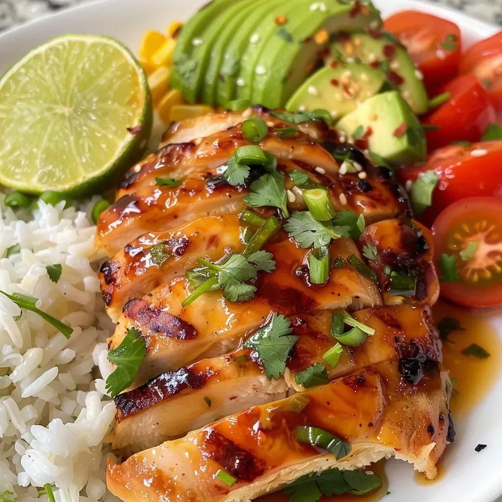 ['Close-up of a Honey Lime Chicken and avocado rice bowl.', 'Side view of a colorful rice bowl with chicken, avocado, and vegetables.', 'Delicious Honey Lime Chicken served over rice with fresh toppings.', 'A healthy dinner bowl featuring chicken, avocado, and vibrant ingredients.']