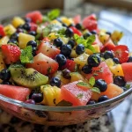 ['Close-up of a vibrant honey lime fruit salad with colorful fruits arranged beautifully.', 'A side view of a fresh fruit salad featuring watermelon, blueberries, strawberries, kiwi, and pineapple.', 'Juicy honey lime fruit salad in a bowl, showcasing a rainbow of fresh fruits and mint leaves.', 'A delicious mixture of diced watermelon, blueberries, strawberries, kiwi, and pineapple with honey and lime dressing.']