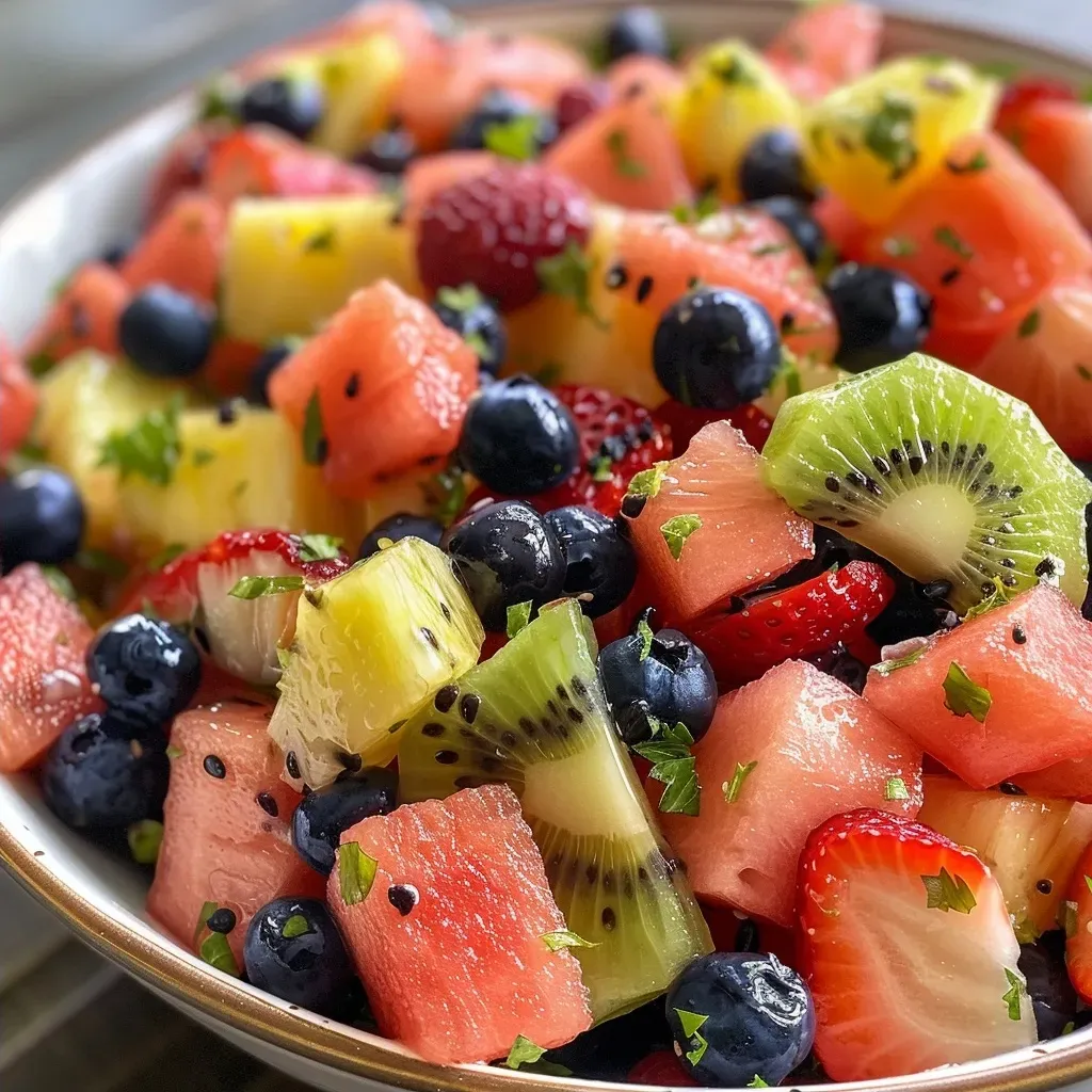 Close-up of a vibrant honey lime fruit salad with colorful fruits arranged beautifully.