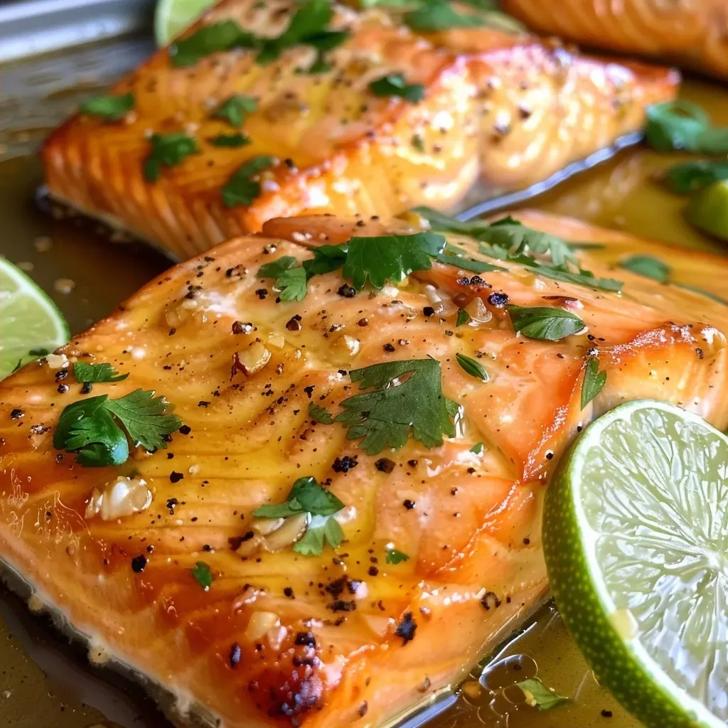 ['Close-up of a deliciously glazed Honey Lime Garlic Butter Baked Salmon fillet topped with fresh lime slices and cilantro.', 'Juicy salmon fillet with a golden honey-lime glaze, garnished with lime slices and cilantro, served on a white plate.', 'Side view of baked salmon drizzled with honey-lime garlic butter, showing its tender texture and vibrant garnishes.', 'A succulent piece of salmon fillet glazed with honey and lime, garnished with fresh lime and cilantro on a light background.']