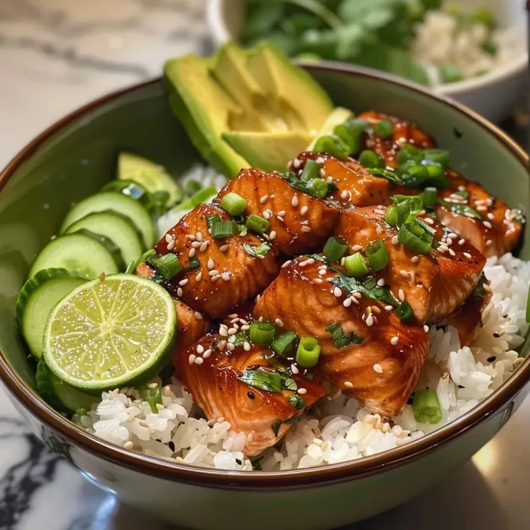 ['A side view of a bowl filled with colorful Honey Lime Salmon, rice, and fresh vegetables.', 'Close-up of Honey Lime Salmon Bowl showcasing salmon cubes, rice, avocado, and cucumbers.', 'A vibrant and appetizing bowl with salmon, rice, and various toppings, viewed from the side.', 'Detailed side view of a Honey Lime Salmon Bowl with ingredients like rice, salmon, and fresh herbs.']