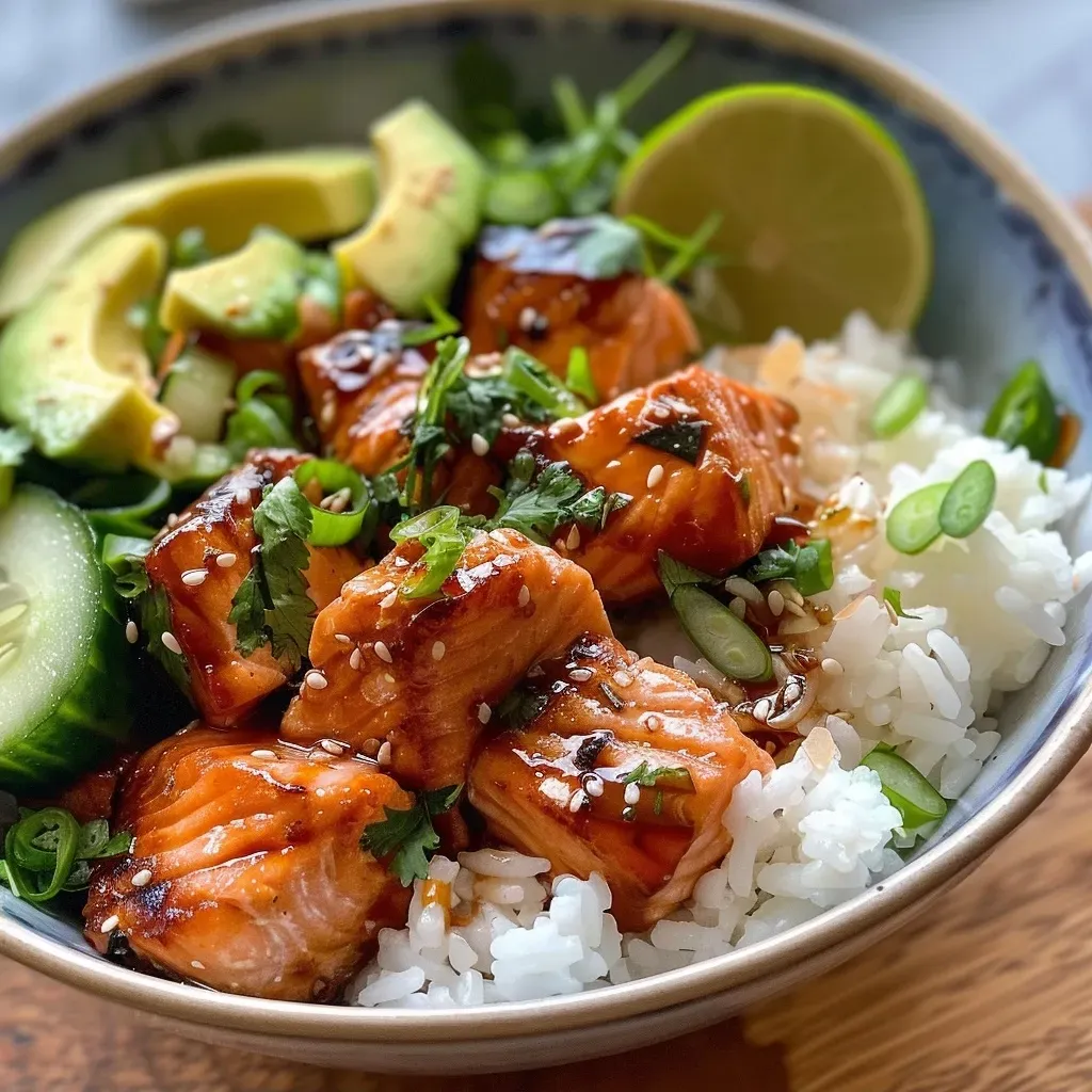 A side view of a bowl filled with colorful Honey Lime Salmon, rice, and fresh vegetables.
