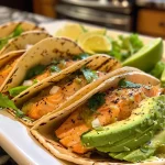 ['Close-up view of Honey Lime Salmon Tacos with avocado and lettuce on a plate.', 'Side shot of juicy salmon tacos garnished with cilantro and lime slices.', 'Colorful display of salmon tacos with honey lime glaze and fresh toppings.', 'A plate of vibrant Honey Lime Salmon Tacos showcasing sliced avocado and green sauce.']