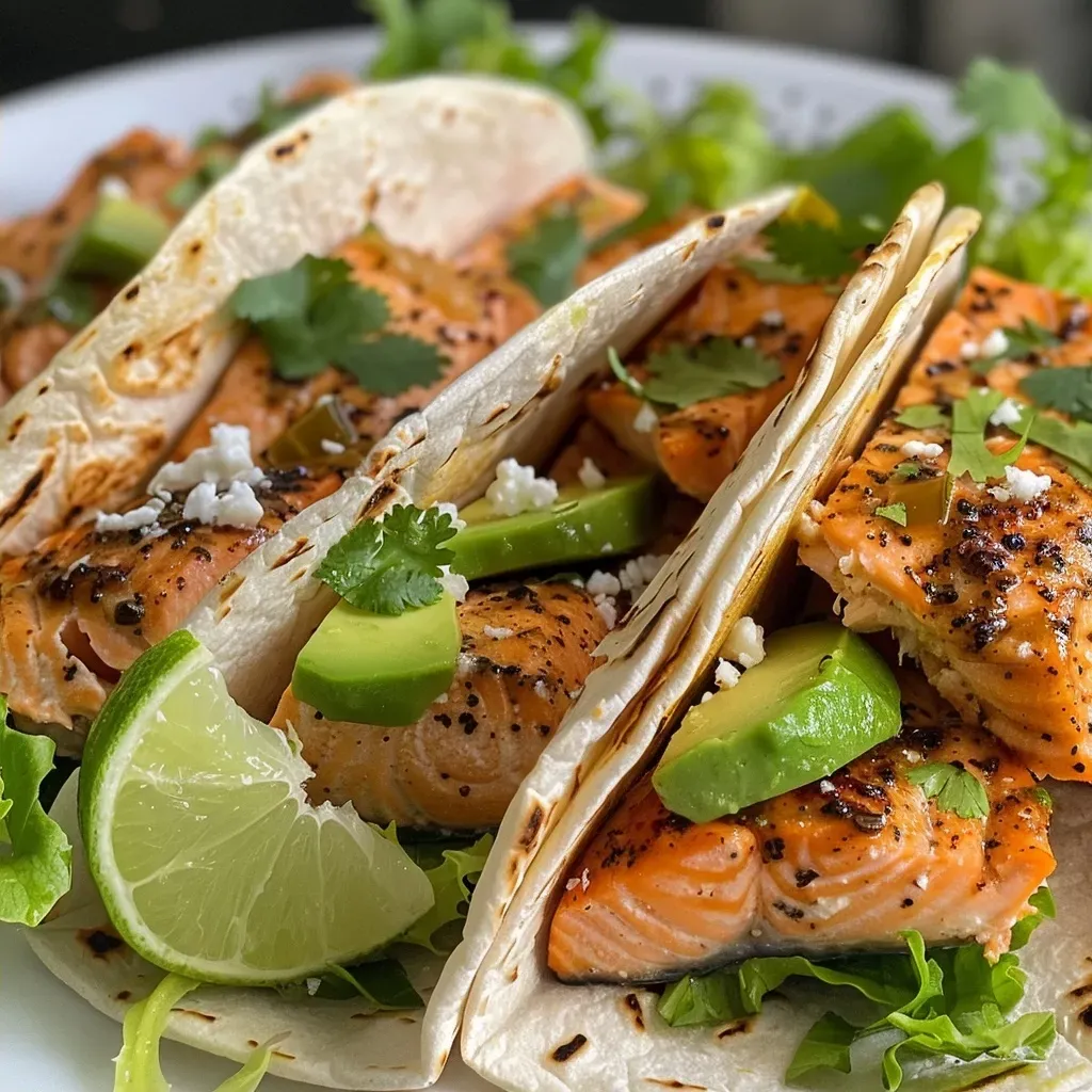 ['Close-up view of Honey Lime Salmon Tacos with avocado and lettuce on a plate.', 'Side shot of juicy salmon tacos garnished with cilantro and lime slices.', 'Colorful display of salmon tacos with honey lime glaze and fresh toppings.', 'A plate of vibrant Honey Lime Salmon Tacos showcasing sliced avocado and green sauce.']