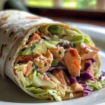 ['Close-up of a Hot Honey Salmon Wrap with vibrant ingredients.', 'Side view of a delicious salmon wrap filled with fresh vegetables.', 'Juicy Hot Honey Salmon Wrap showcasing avocado and lettuce.', 'Detailed view of a colorful salmon wrap drizzled with honey sauce.']