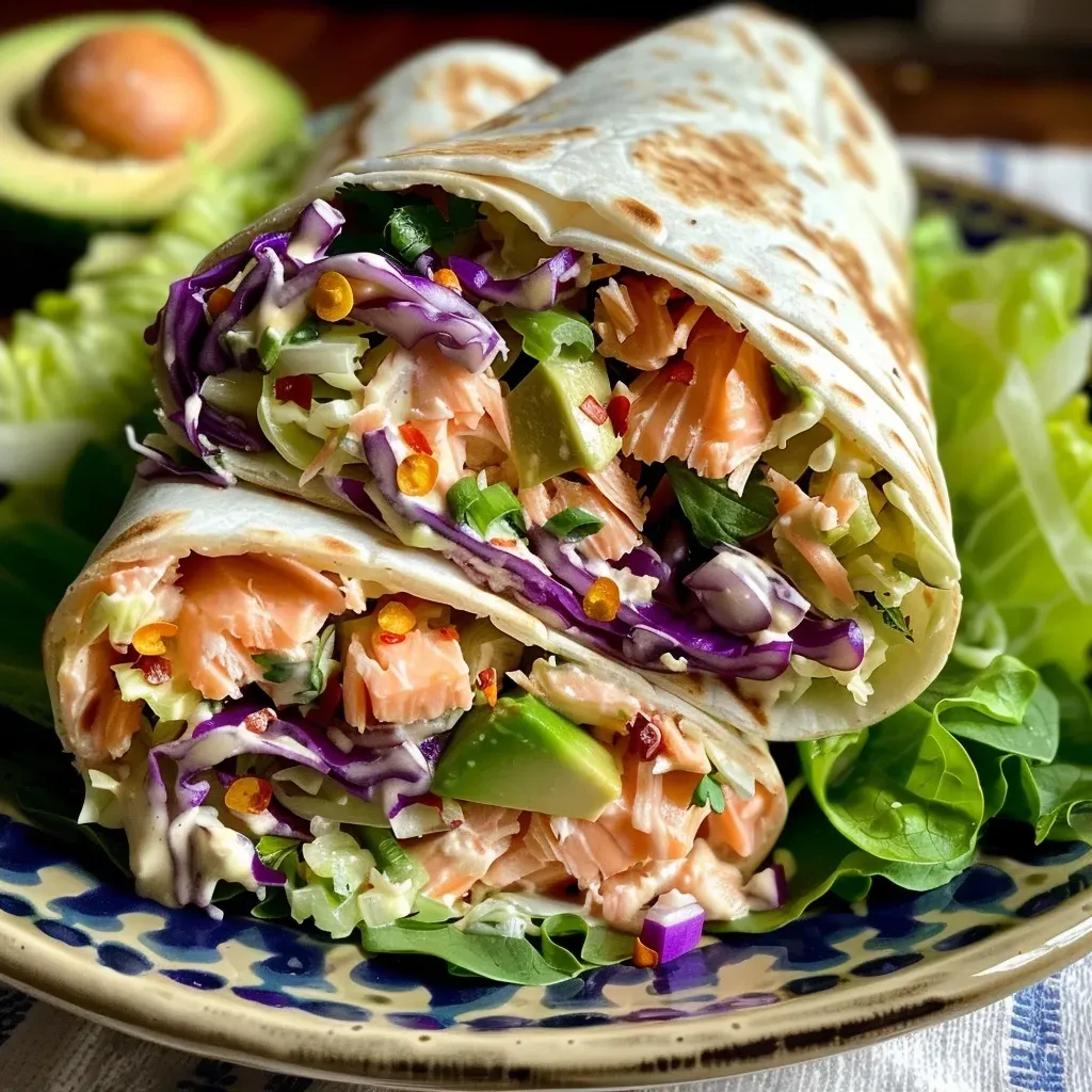 ['Close-up of a Hot Honey Salmon Wrap with vibrant ingredients.', 'Side view of a delicious salmon wrap filled with fresh vegetables.', 'Juicy Hot Honey Salmon Wrap showcasing avocado and lettuce.', 'Detailed view of a colorful salmon wrap drizzled with honey sauce.']