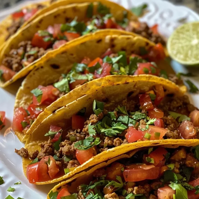 ['Close-up view of juicy ground turkey tacos filled with vibrant ingredients.', 'Side view of delicious ground turkey tacos, showcasing fresh toppings and seasonings.', 'Juicy ground turkey tacos on a plate, highlighting the colorful filling and tortilla shell.', 'Tantalizing ground turkey tacos arranged with lime wedges and garnishes for presentation.']