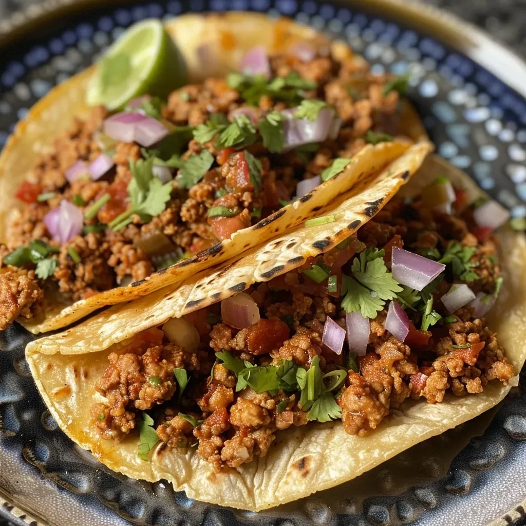 ['Close-up view of juicy ground turkey tacos filled with vibrant ingredients.', 'Side view of delicious ground turkey tacos, showcasing fresh toppings and seasonings.', 'Juicy ground turkey tacos on a plate, highlighting the colorful filling and tortilla shell.', 'Tantalizing ground turkey tacos arranged with lime wedges and garnishes for presentation.']