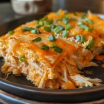 ['A close-up view of a Keto Buffalo Turkey Casserole with melted cheese and visible turkey pieces.', 'Side view of a delicious buffalo turkey casserole topped with cheddar cheese, presented in a baking dish.', 'Juicy Keto casserole featuring shredded turkey and cauliflower, garnished with melted cheese.', 'A vibrant close-up of a casserole filled with shredded turkey and buffalo sauce, showcasing creamy textures.']